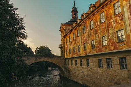 Historic Bridge and Building at Sunset