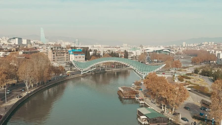Aerial View of Modern Bridge and Cityscape