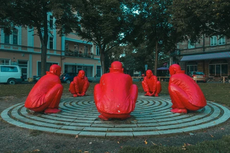 Red Sculptures in Urban Park