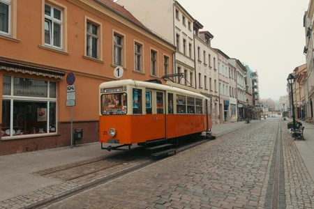 Vintage Tram on Empty Street