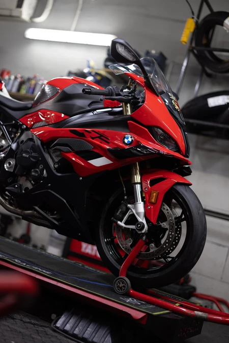 Red Sports Motorcycle in Workshop
