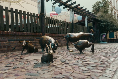 Animal Sculptures on Cobblestone Street
