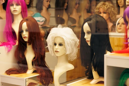 Wig Display in Shop Window