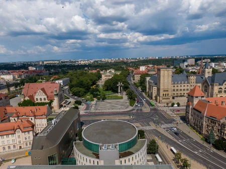 Aerial View of City with Historic Architecture