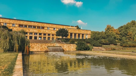 Scenic Building by the Pond