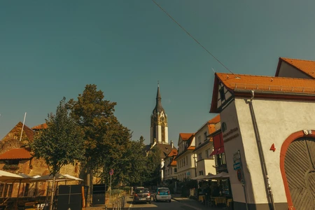 Quaint Village Street with Church