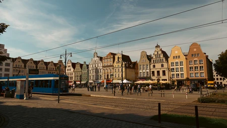 Colorful City Street with Tram