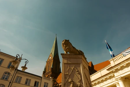 Historic Cityscape with Lion Statues