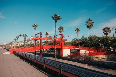 Red Bridge with Palm Trees