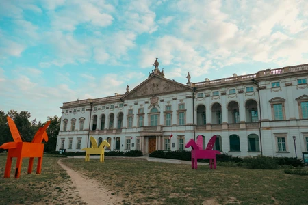 Historic Mansion with Colorful Sculptures