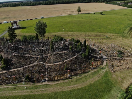 Aerial View of Hill with Crosses