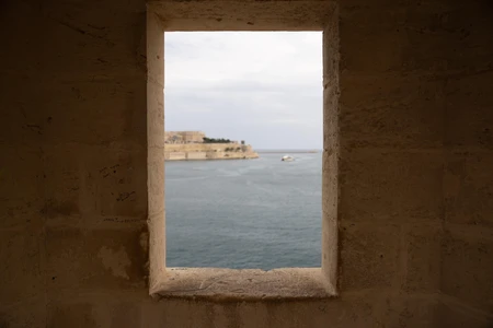 Seaside View Through Stone Window