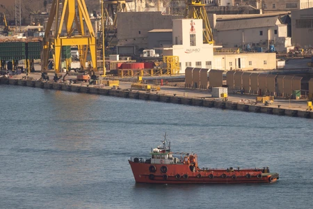 Harbor Scene with Red Tugboat