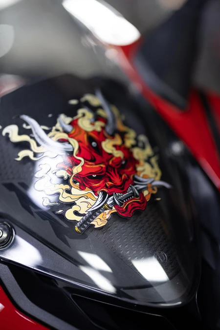 Vibrant Demon Graphic on Motorcycle
