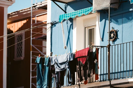 Colorful Balcony with Hanging Laundry