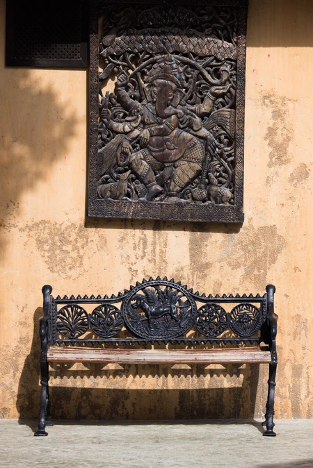 Artistic Bench with Wall Sculpture