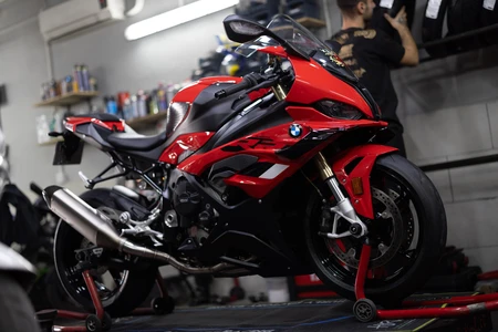 Red Sport Motorcycle in Workshop