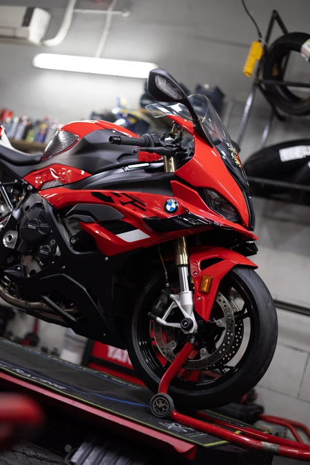 Red Sports Motorcycle in Workshop