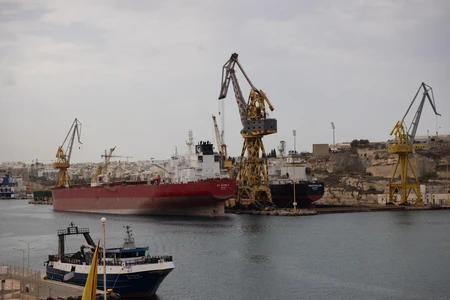 Harbor with Ships and Cranes