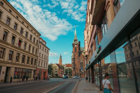 City Street with Church