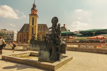 Historic Church and Fountain Scene
