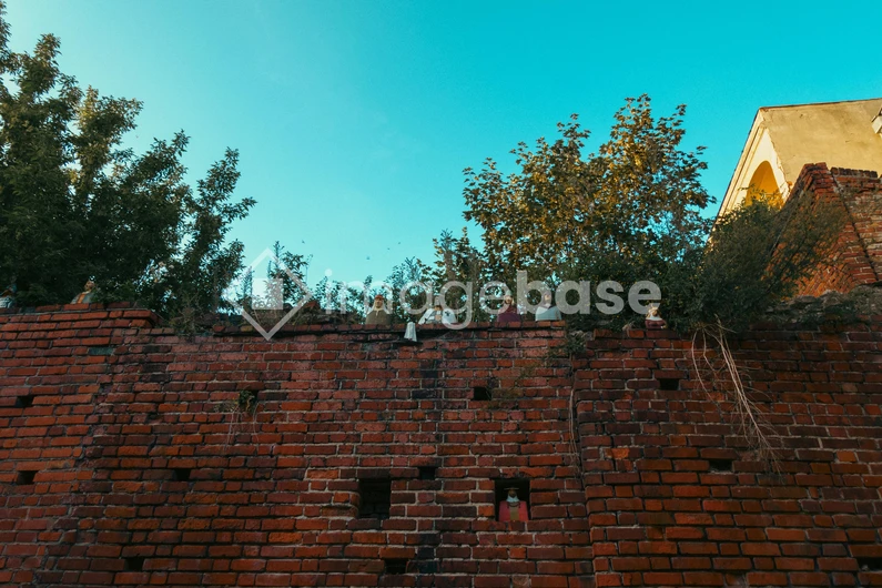 Rustic Brick Wall with Trees