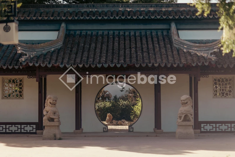Traditional Architecture with Stone Guardians