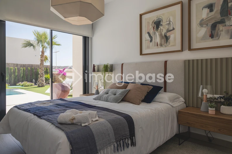 Modern Bedroom Interior with Pool View