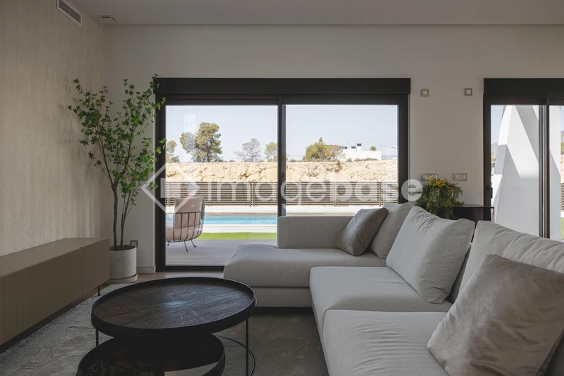 Modern Living Room with Pool View