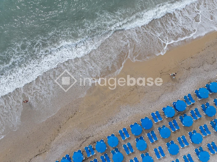 Aerial Beach View with Umbrellas