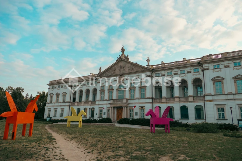 Historic Mansion with Colorful Sculptures