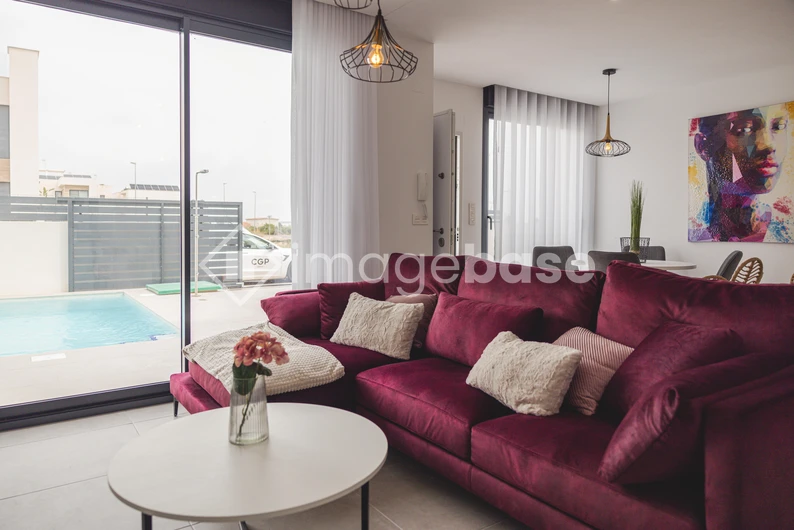 Modern Living Room with Pool View