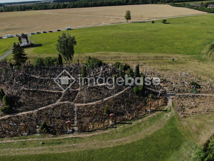 Aerial View of Hill with Crosses