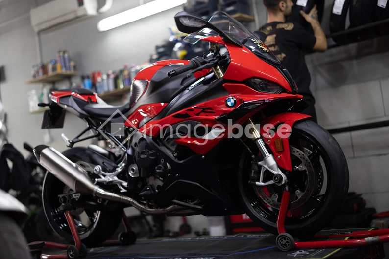 Red Sport Motorcycle in Workshop