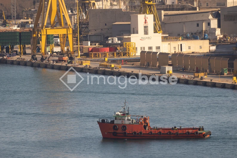 Harbor Scene with Red Tugboat
