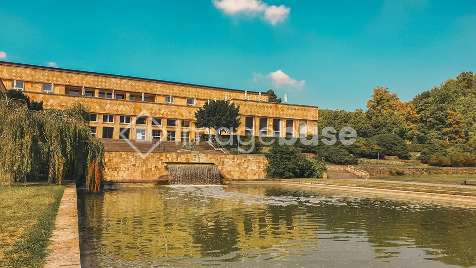 Scenic Building by the Pond