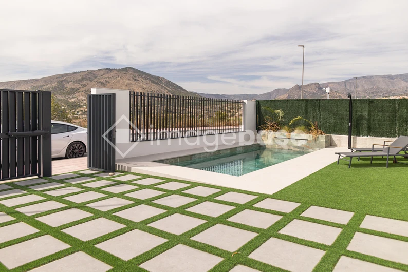 Modern Pool Patio with Mountain View