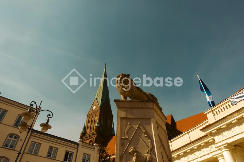 Historic Cityscape with Lion Statues