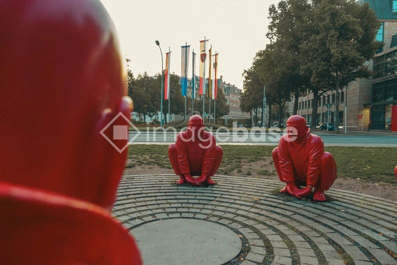 Red Sculptures in Urban Park