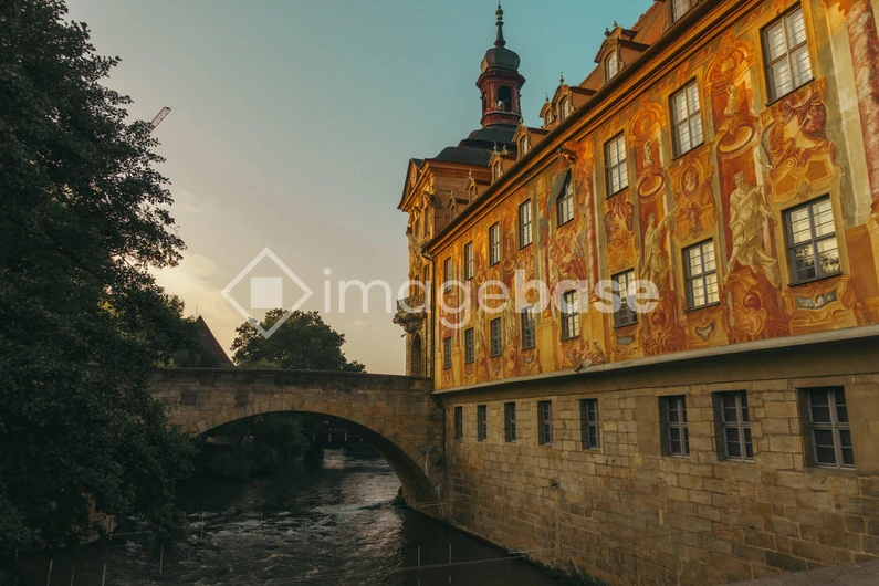 Historic Bridge and Building at Sunset