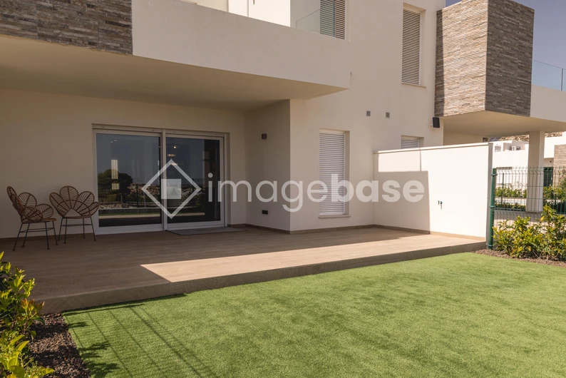 Modern Patio with Lawn
