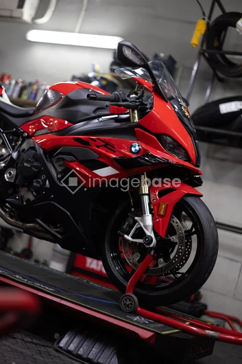 Red Sports Motorcycle in Workshop