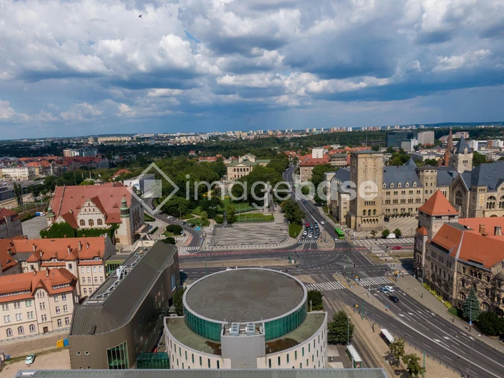 Aerial View of City with Historic Architecture