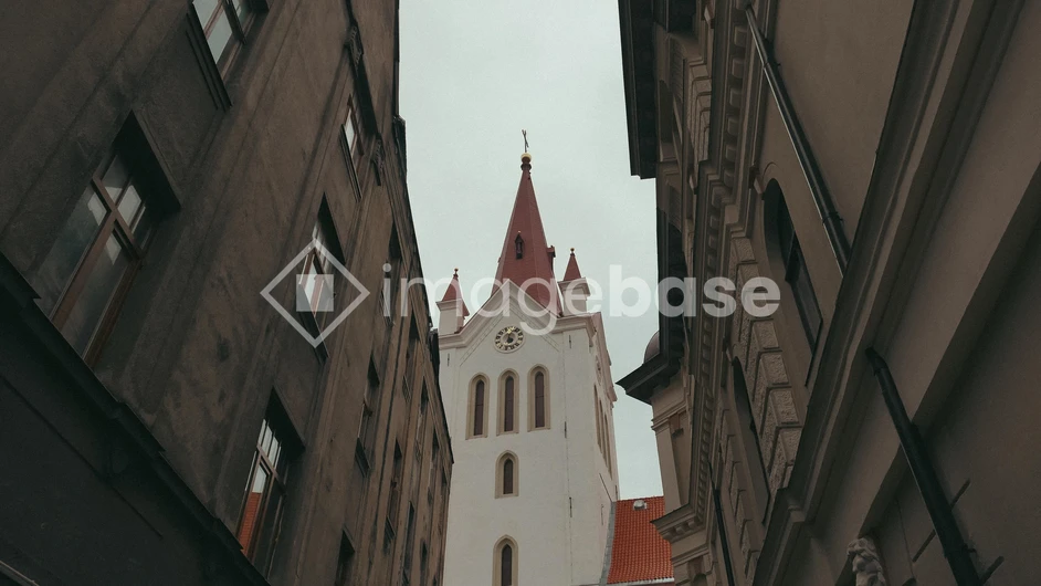 Historic Church Amidst Narrow Streets